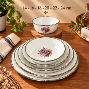 6'lı Set (14-16-18-20-22-24) Cm Emaye muhallebi yemek kahvaltı tabak desenli  Kase , Çukur Tabak, Salata Tabak