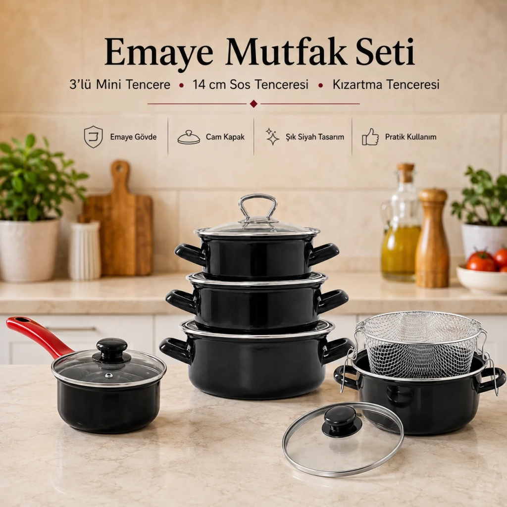 Emaye Mini Tencere Seti Kızartma Tencere Seti Emaye Sos Mama Yumurta Haşlama Tenceresi 11 Parça