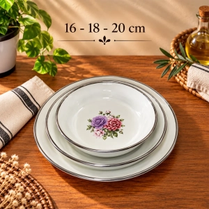 3'lü Set (16-18-20) Cm Emaye muhallebi yemek kahvaltı tabak desenli  Kase , Çukur Tabak, Salata Tabak