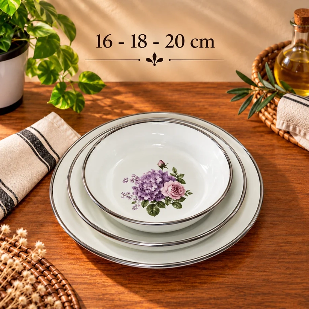 3'lü Set (16-18-20) Cm Emaye muhallebi yemek kahvaltı tabak desenli  Kase , Çukur Tabak, Salata Tabak