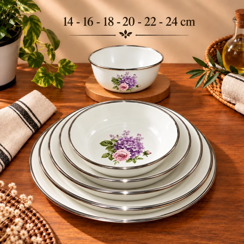 6'lı Set (14-16-18-20-22-24) Cm Emaye muhallebi yemek kahvaltı tabak desenli  Kase , Çukur Tabak, Salata Tabak