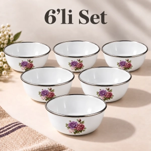 Emaye Muhallebi Yemek Kahvaltı Tabak Desenli Çukur Tabak, Salata Tabak, Cips Tabak 6lı Set