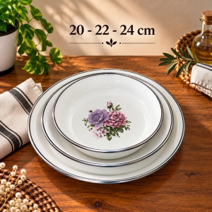 3'lü Set (20-22-24) Cm Emaye muhallebi yemek kahvaltı tabak desenli  Kase , Çukur Tabak, Salata Tabak