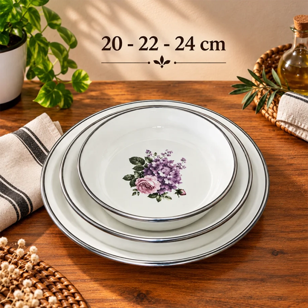 3'lü Set (20-22-24) Cm Emaye muhallebi yemek kahvaltı tabak desenli  Kase , Çukur Tabak, Salata Tabak