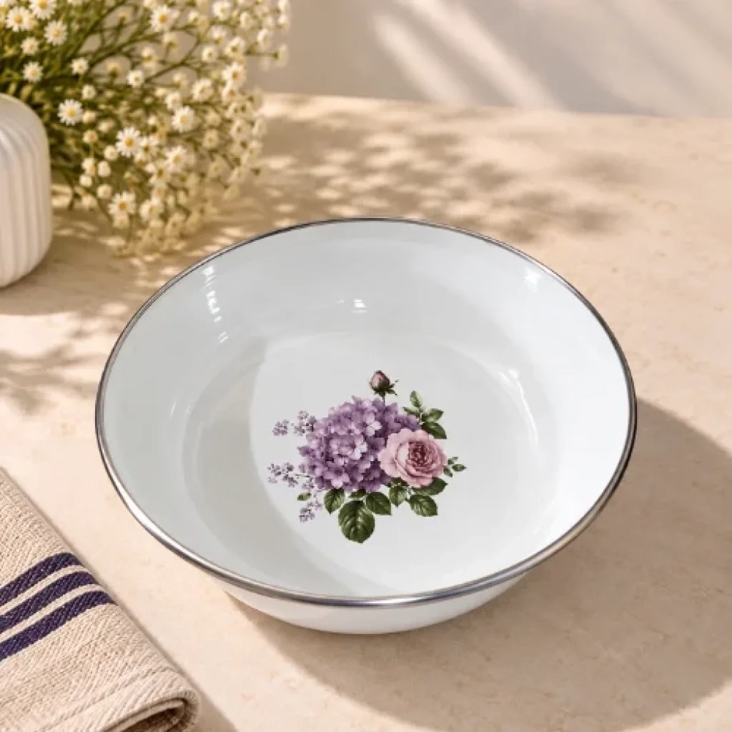 5'li Set (16-18-20-22-24) Cm Emaye muhallebi yemek kahvaltı tabak desenli  Kase , Çukur Tabak, Salata Tabak