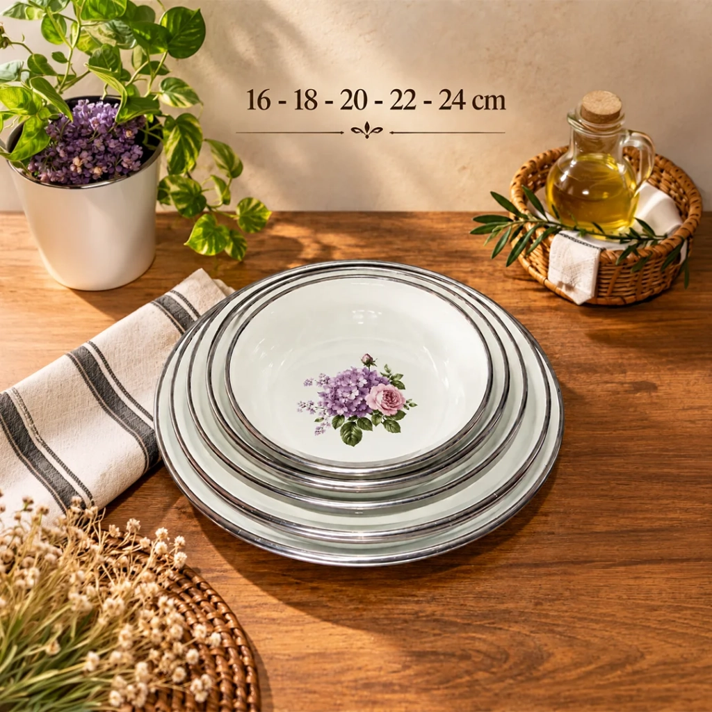 5'li Set (16-18-20-22-24) Cm Emaye muhallebi yemek kahvaltı tabak desenli  Kase , Çukur Tabak, Salata Tabak