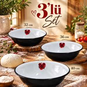 Emaye hamur legeni salata köfte kısır karıştırma kabı derin tabak  3lü set