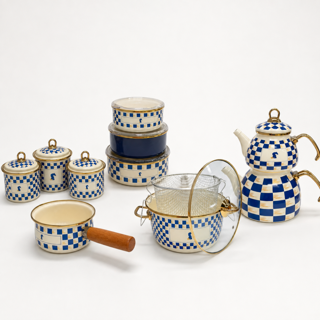 Emaye Mavi Dama Desenli Set 19 Parça