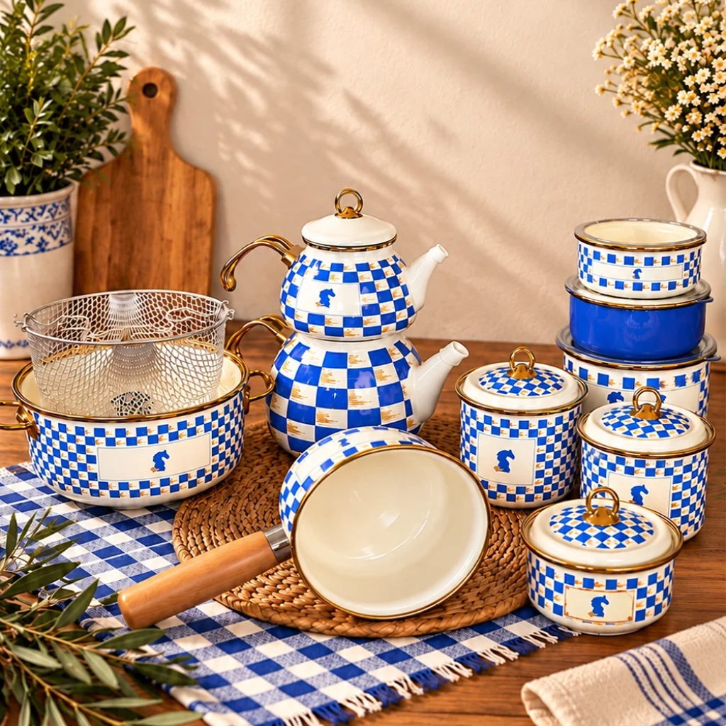 Emaye Mavi Dama Desenli Set 19 Parça
