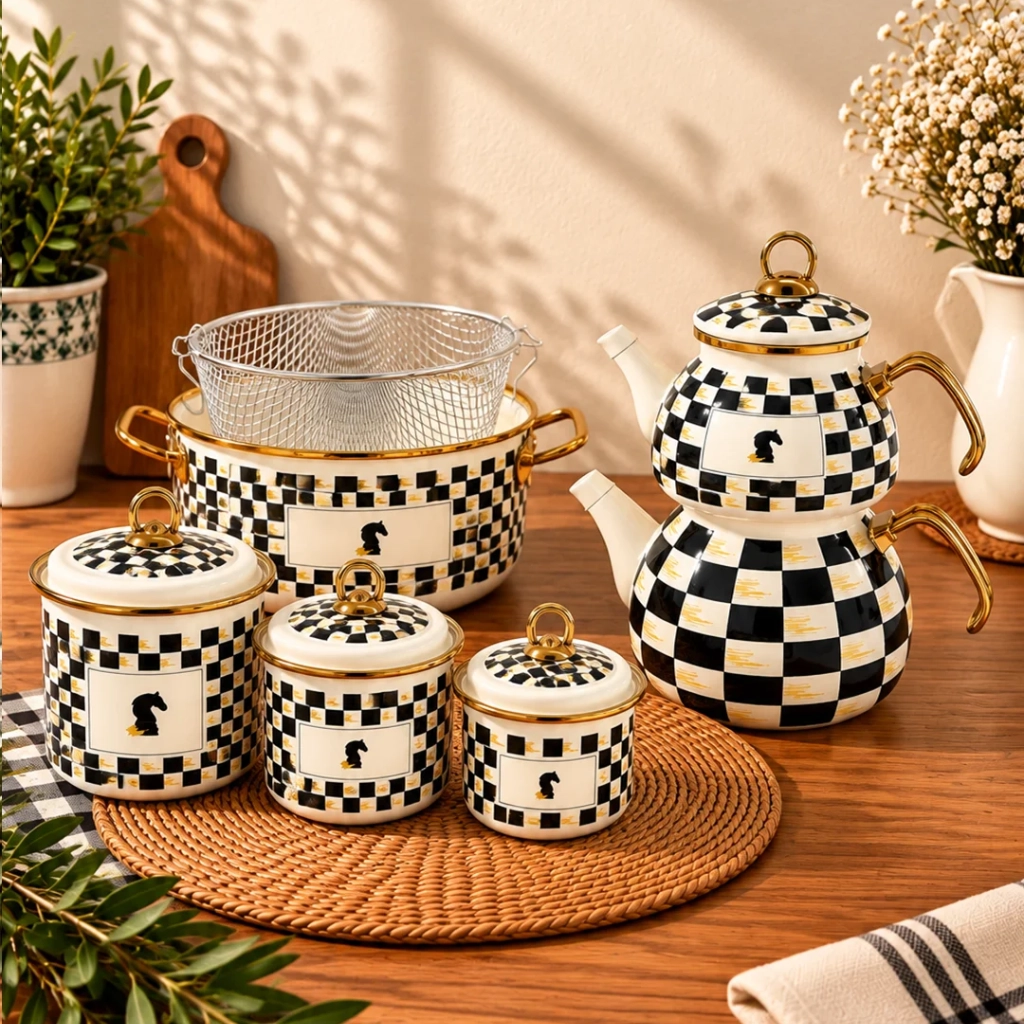 Emaye Siyah Dama  Desenli Set 12 Parça