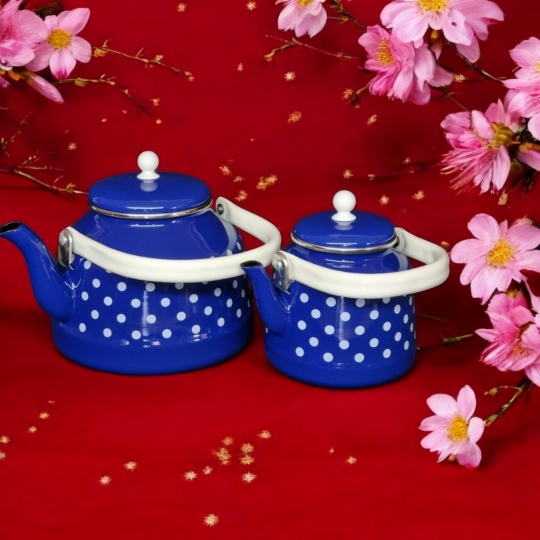 Qussine Vintage Emaye Çaydanlık Takımı Lacivert Puantiyeli