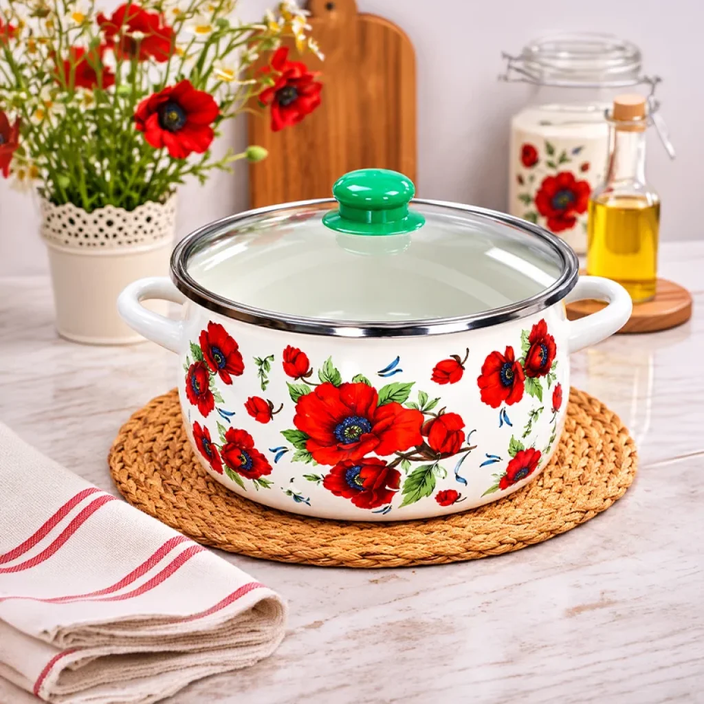 24 cm 5,5 Litre Emaye Yoğurt Tenceresi – Cam Kapaklı, Desenli