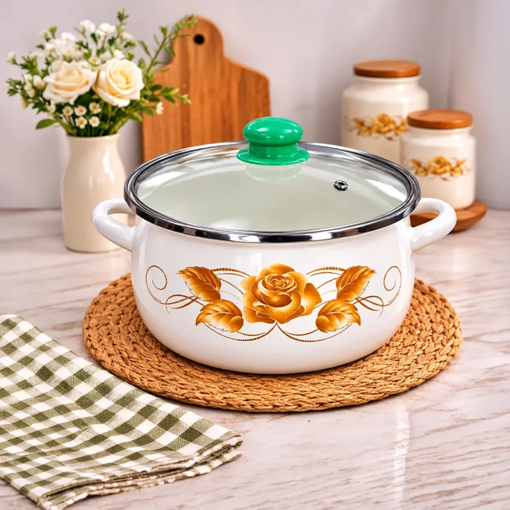 24 cm 5,5 Litre Emaye Yoğurt Tenceresi – Cam Kapaklı, Desenli