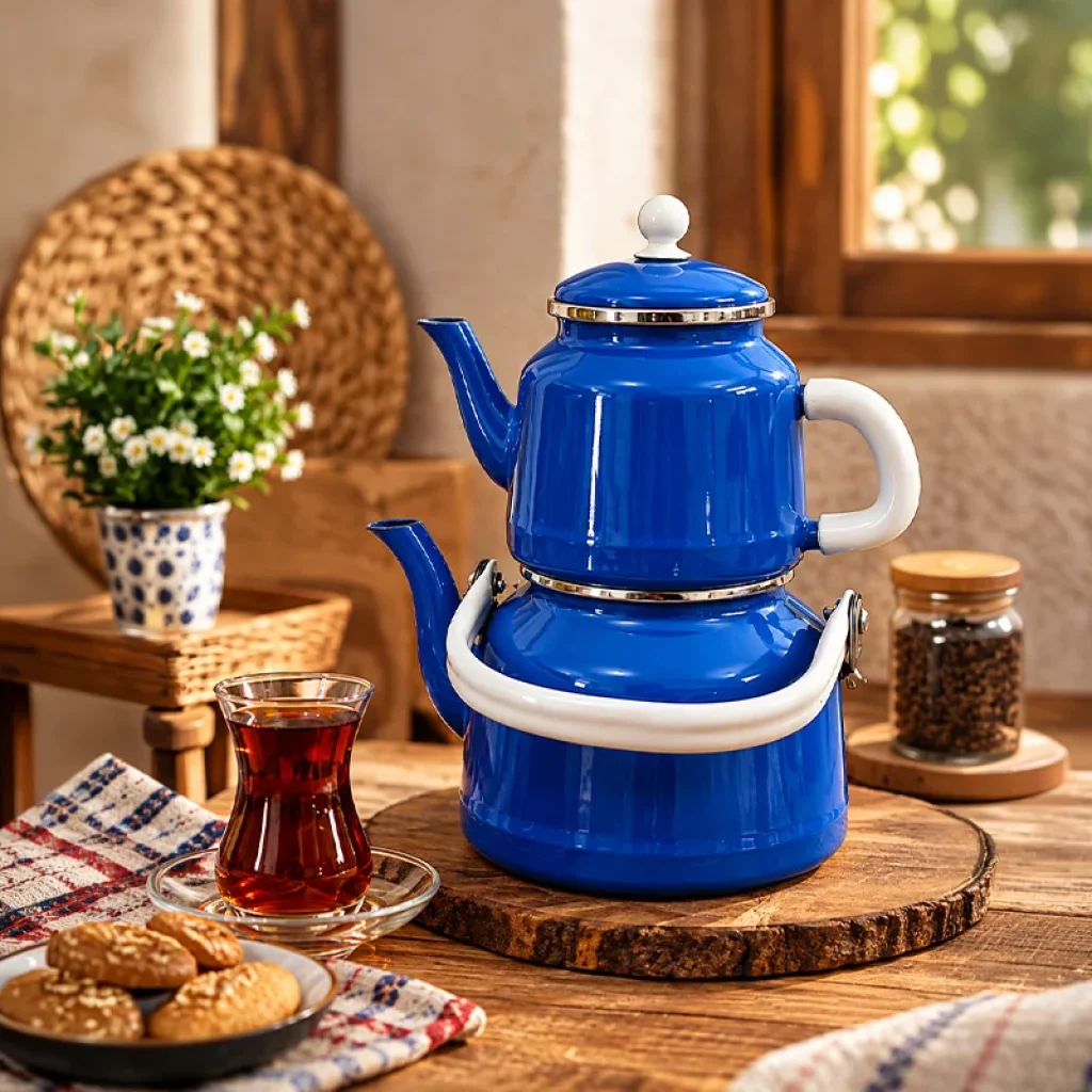 Emaye Vintage Mavi Çaydanlık Seti Çift Kapaklı