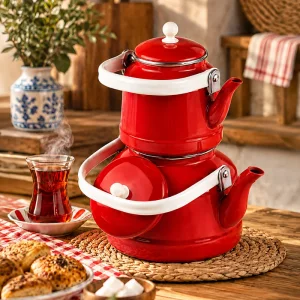 Emaye Vintage Kırmızı Çaydanlık Seti Üstten Saplı Çift Kapaklı