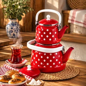 Emaye Vintage Puantiyeli Çaydanlık Seti Üstten Saplı Çift Kapaklı Kırmızı