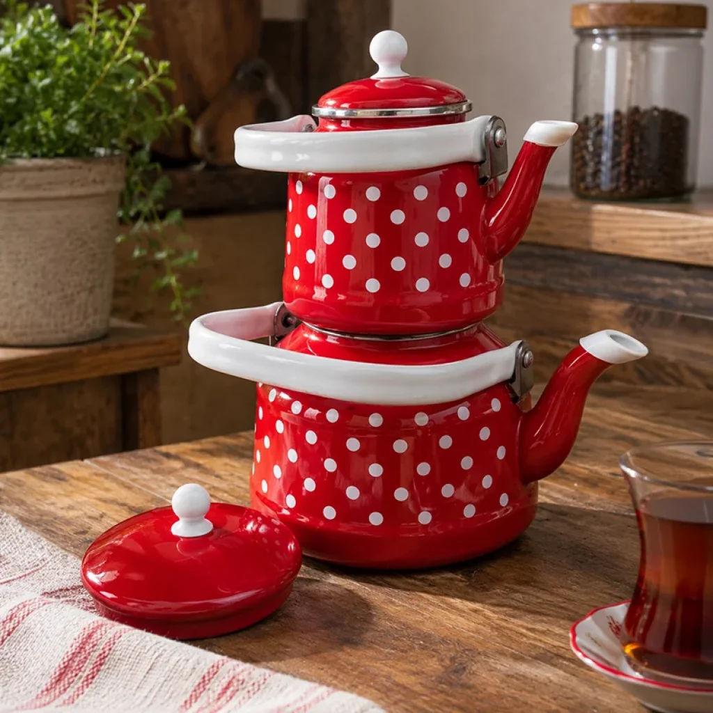 Emaye Vintage Puantiyeli Çaydanlık Seti Üstten Saplı Çift Kapaklı Kırmızı