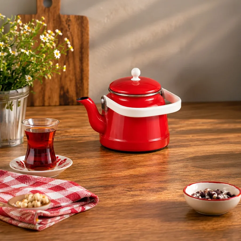 Emaye Demlik Üstten Saplı 1-1,5-2 Litre kırmızı vintage çaydanlık
