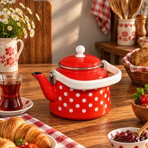 Emaye 1,5 Litre Kırmızı Puantiyeli Çaydanlık