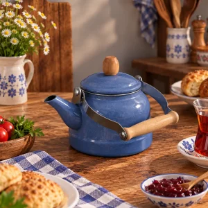 Ahşap Saplı Üstten Tutmalı mevlevi model Vintage Emaye Demlik 2.5 Litre kettle Çaydanlık