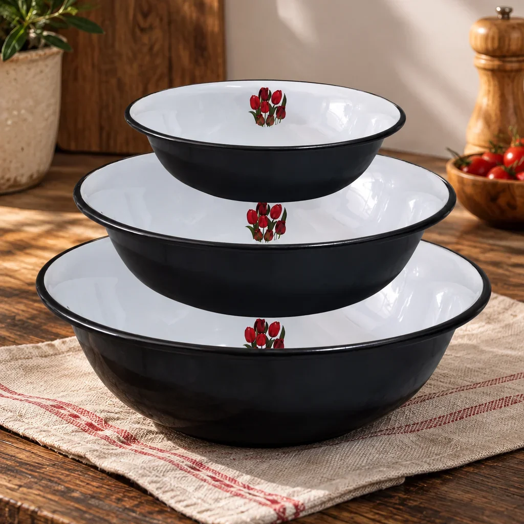Emaye hamur legeni salata köfte kısır karıştırma kabı derin tabak  3lü set