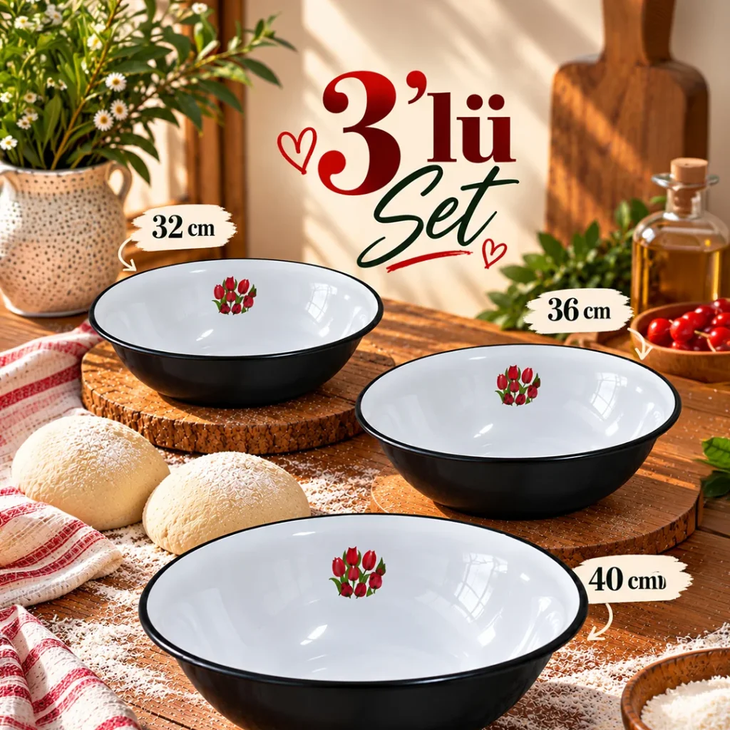 Emaye hamur legeni salata köfte kısır karıştırma kabı derin tabak  3lü set