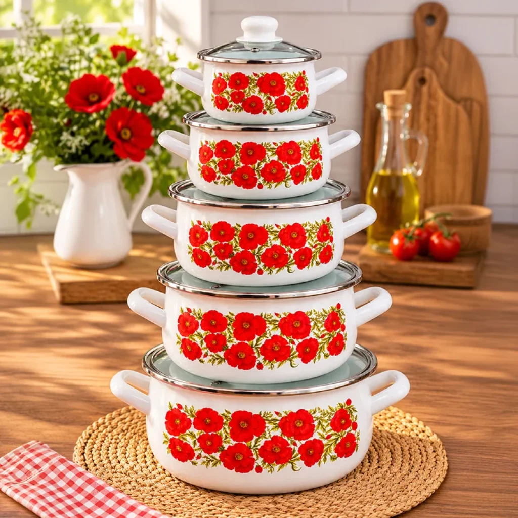 16-18-20-22-24 cm 5lİ set Emaye Tencere Vintage