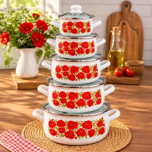 16-18-20-22-24 cm 5lİ set Emaye Tencere Vintage