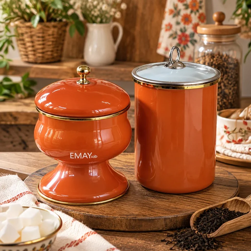 Karamel Emaye Baharatlık ve Ayaklı Şekerlik Seti 
