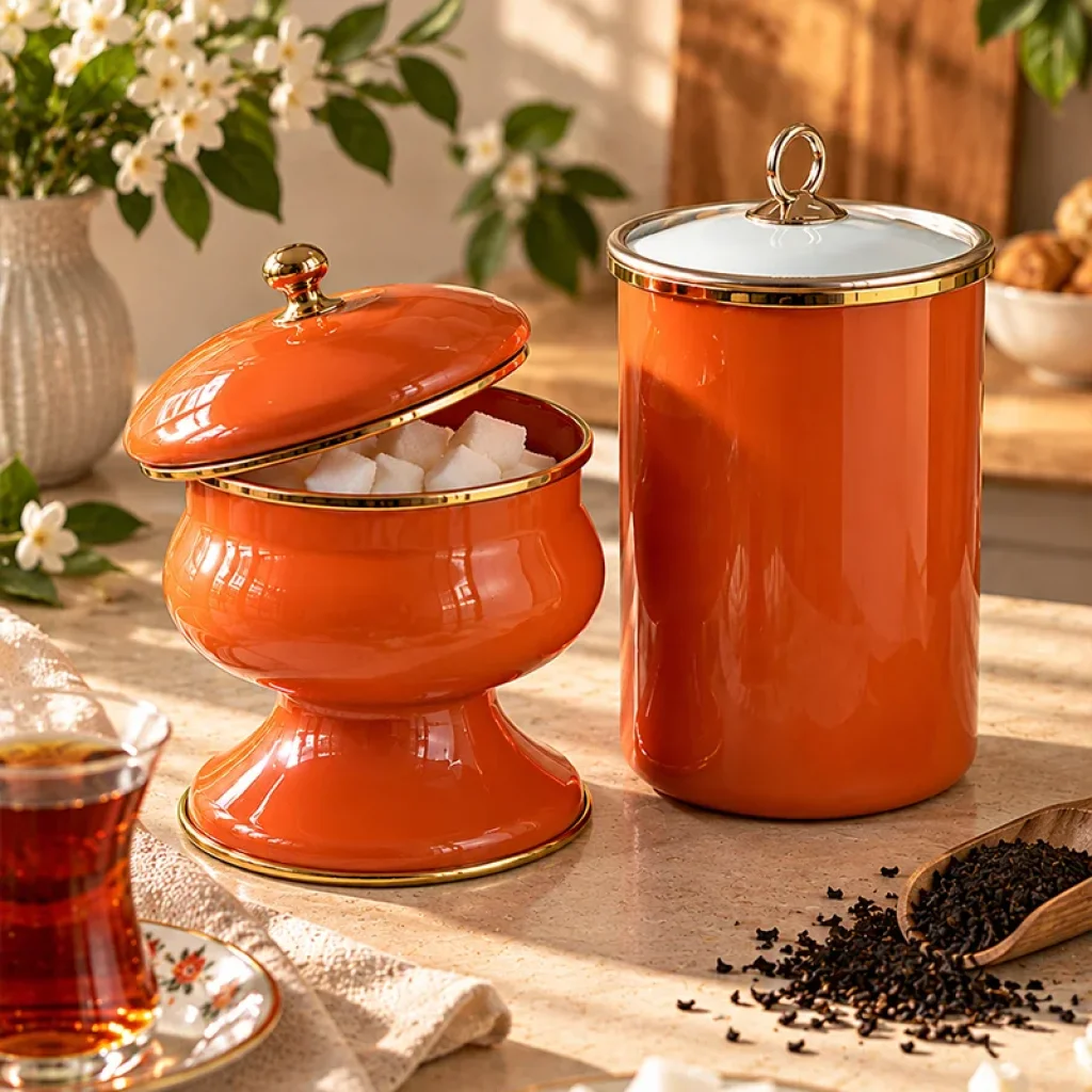Karamel Emaye Baharatlık ve Ayaklı Şekerlik Seti 
