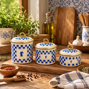 Emaye 3'Lü Baharatlık Takımı Mavi Desenli 