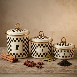 Emaye 3'Lü Baharatlık Takımı Siyah Desenli 