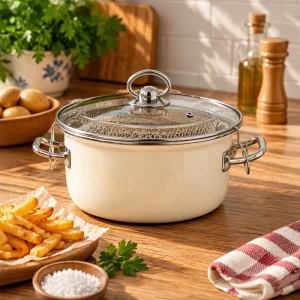 Krem Emaye 22 Cm Kızartma Tenceresi Fritöz Krom Kulplu