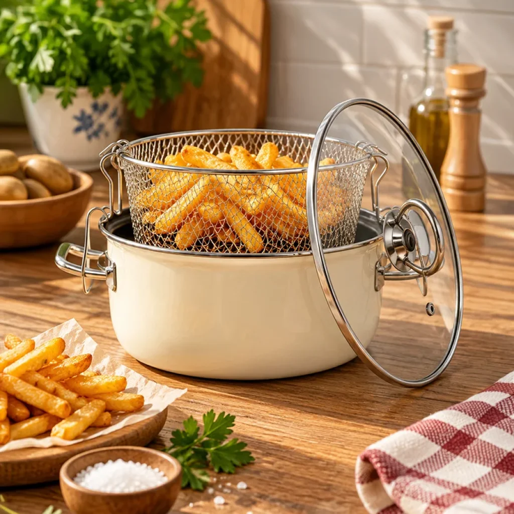 Krem Emaye 22 Cm Kızartma Tenceresi Fritöz Krom Kulplu