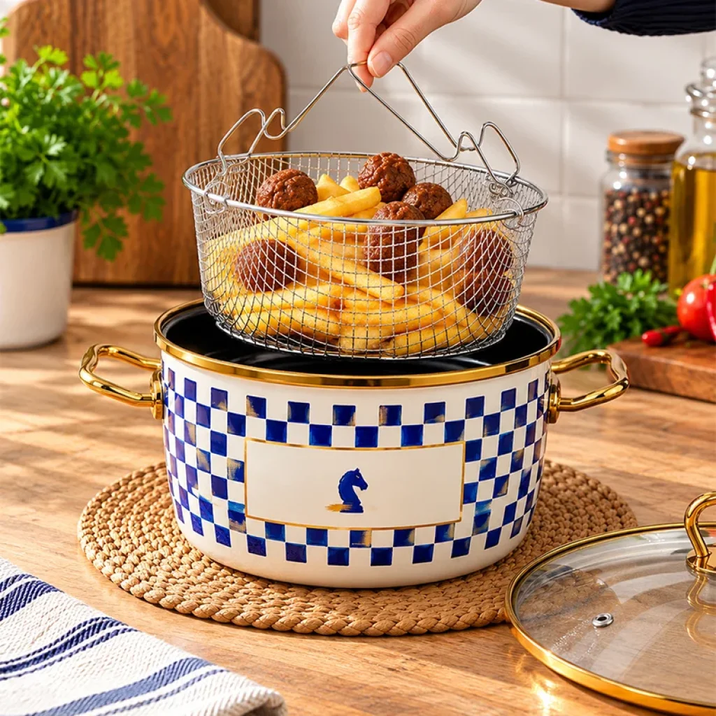 Emaye Kızartma Fritöz tenceresi Mavi Dekorlu