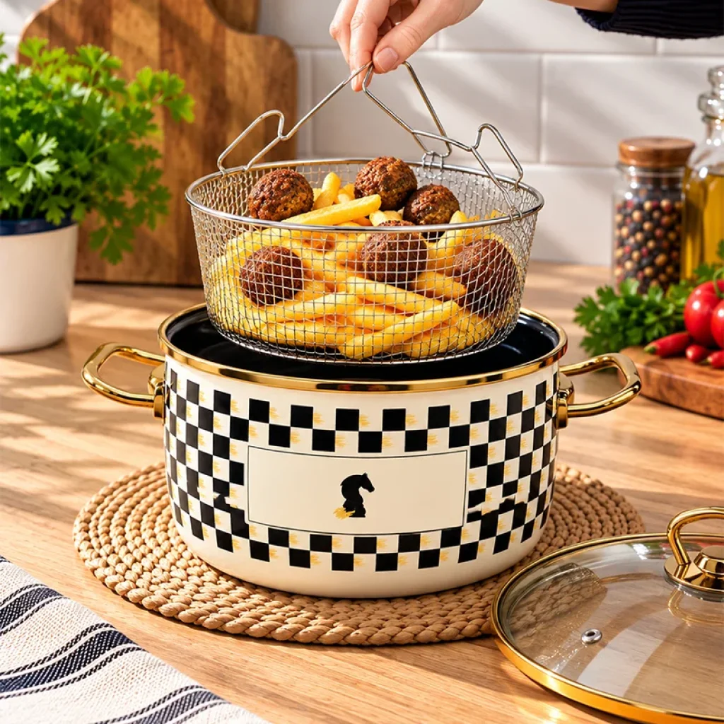 Emaye Kızartma Fritöz tenceresi Siyah Dekorlu