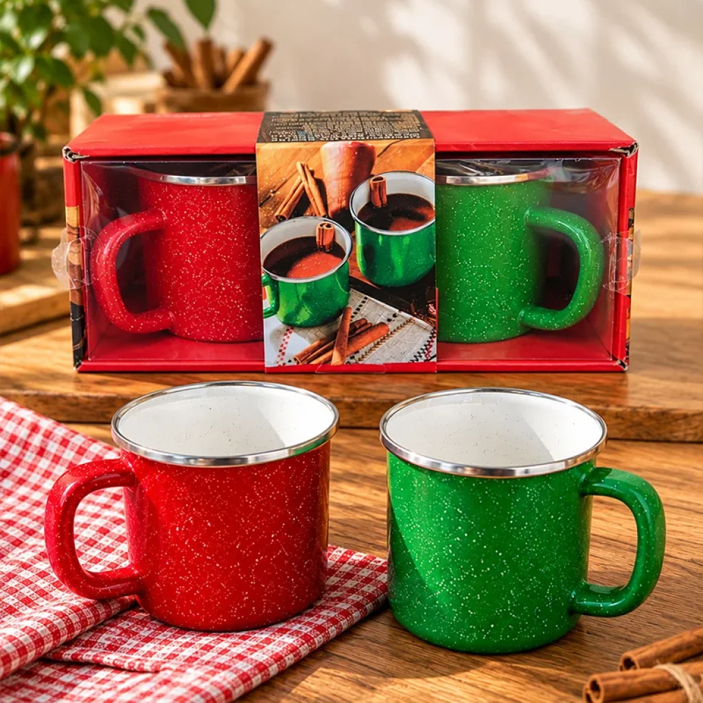Emaye Kupa Ateşe Dayanıklı Kamp Bardak Vintage Kırmızı Yeşil Çiftli