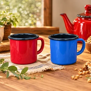 Emaye Kupa 350 ml Emaye Bardak Kampçı Kupası kahve Fincanı Kamp Bardağı 2li kırmızı mavi