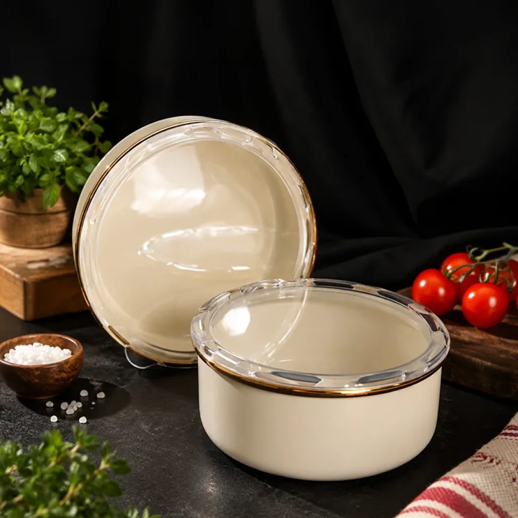 maye 2'li Saklama Kabı Seti – 16 cm + 18 cm, İç Dış Krem Renkli, Gold Detaylı