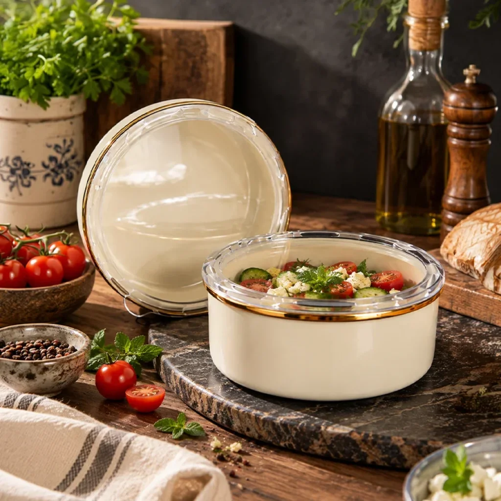maye 2'li Saklama Kabı Seti – 16 cm + 18 cm, İç Dış Krem Renkli, Gold Detaylı