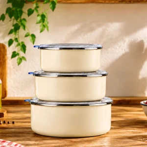 Emaye 3'lü Saklama Düz Krem 14cm - 16cm - 18cm