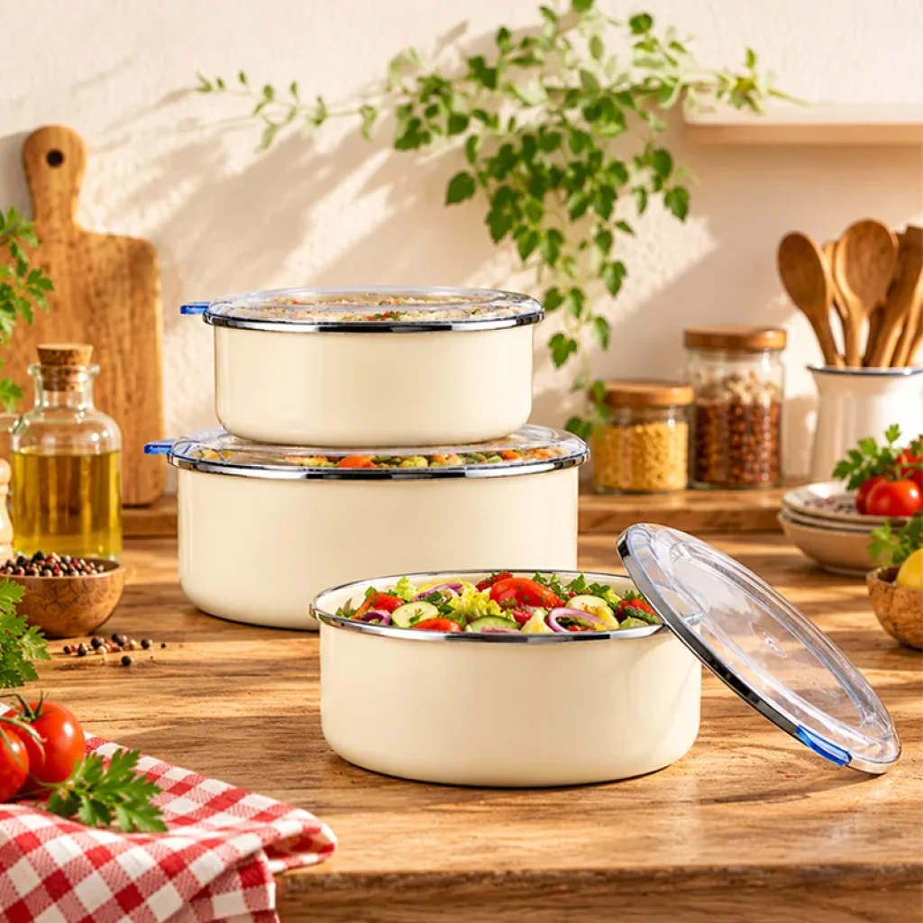 Emaye 3'lü Saklama Düz Krem 14cm - 16cm - 18cm