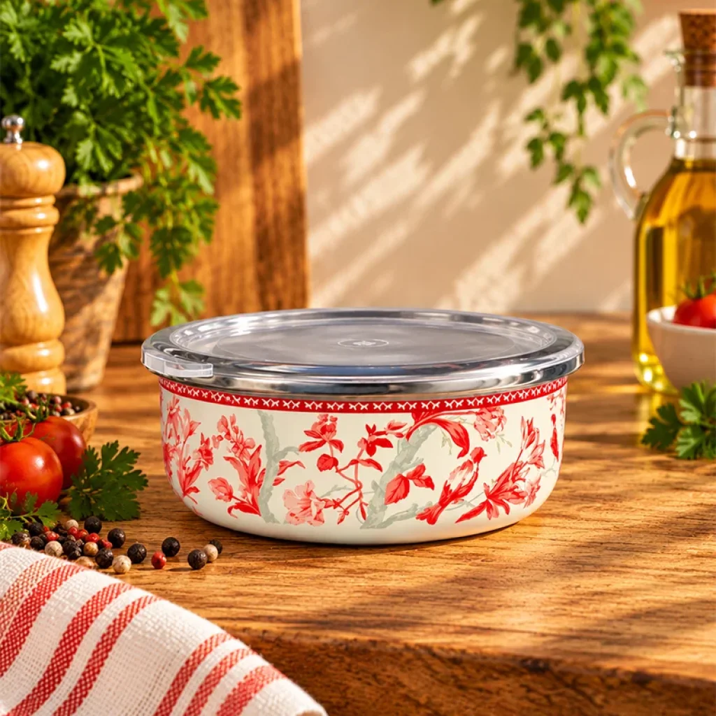 Dekorlu Emaye 18 Cm Saklama Kabı