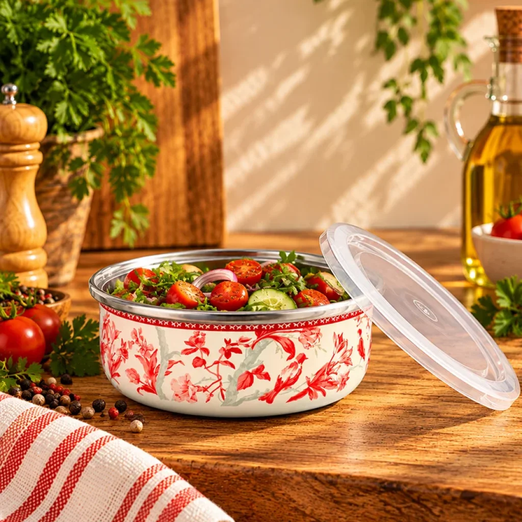 Dekorlu Emaye 18 Cm Saklama Kabı