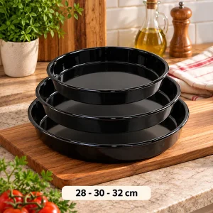 Siyah Parlak Emaye Yuvarlak 3'lü Fırın Tepsi Seti 28-30-32 Cm