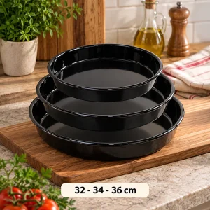 Siyah Parlak Emaye Yuvarlak 3'lü Fırın Tepsi Seti 32-34-36 Cm