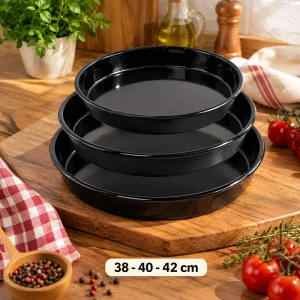 Siyah Parlak Emaye Yuvarlak 3'lü Fırın Tepsi Seti 38-40-42 Cm