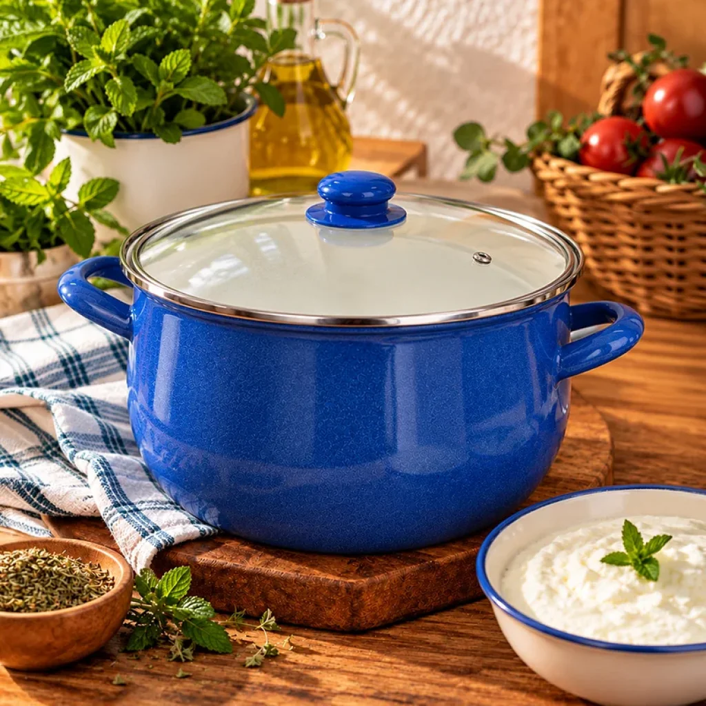 QUSSİNE 24 CM emaye kızartma yoğurt tenceresi 5.5 litre mavi