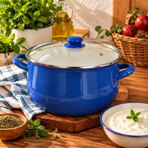 QUSSİNE 24 CM emaye kızartma yoğurt tenceresi 5.5 litre mavi